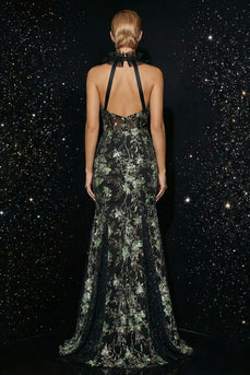 Sparkly Black Mermaid Halter Floral Corset Long Prom Dress with Slit