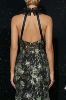 Load image into Gallery viewer, Sparkly Black Mermaid Halter Floral Corset Long Prom Dress with Slit