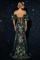 Load image into Gallery viewer, Sparkly Floral Black Mermaid Off the Shoulder Corset Long Prom Dress with Slit