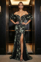 Load image into Gallery viewer, Sparkly Floral Black Mermaid Off the Shoulder Corset Long Prom Dress with Slit