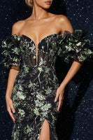 Load image into Gallery viewer, Sparkly Floral Black Mermaid Off the Shoulder Corset Long Prom Dress with Slit