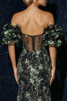Load image into Gallery viewer, Sparkly Floral Black Mermaid Off the Shoulder Corset Long Prom Dress with Slit