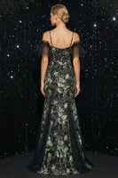 Load image into Gallery viewer, Sparkly Mermaid Floral Black Cold Shoulder Corset Long Prom Dress with Slit