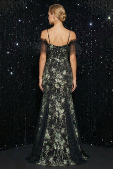 Sparkly Mermaid Floral Black Cold Shoulder Corset Long Prom Dress with Slit