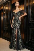 Load image into Gallery viewer, Sparkly Mermaid Floral Black Cold Shoulder Corset Long Prom Dress with Slit