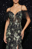 Load image into Gallery viewer, Sparkly Mermaid Floral Black Cold Shoulder Corset Long Prom Dress with Slit