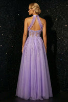 Load image into Gallery viewer, Sparkly Purple Halter Ruffled A Line Corset Floral Long Prom Dress with Slit