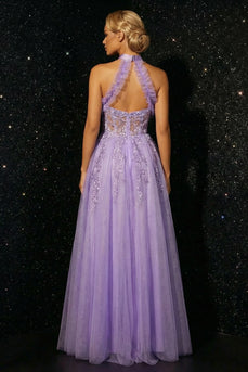 Sparkly Purple Halter Ruffled A Line Corset Floral Long Prom Dress with Slit