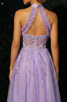 Load image into Gallery viewer, Sparkly Purple Halter Ruffled A Line Corset Floral Long Prom Dress with Slit
