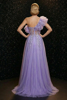 Sparkly Purple Floral One Shoulder Ruffled Corset Long Prom Dress with Slit