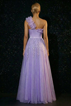 Sparkly One Shoulder Purple Floral Ruffled Corset Long Prom Dress with Slit