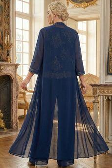 Sparkly Chiffon Navy 3 Piece Long Mother of the Bride Pant Suits with Jacket