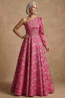 Load image into Gallery viewer, Plus Size Floral Fuchsia One Shoulder A Line Long Mother of the Bride Dress with Sleeves