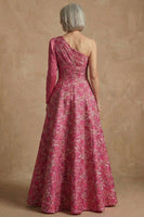 Load image into Gallery viewer, Plus Size Floral Fuchsia One Shoulder A Line Long Mother of the Bride Dress with Sleeves
