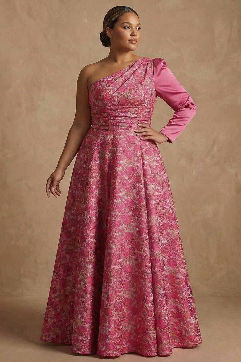 Load image into Gallery viewer, Plus Size Floral Fuchsia One Shoulder A Line Long Mother of the Bride Dress with Sleeves