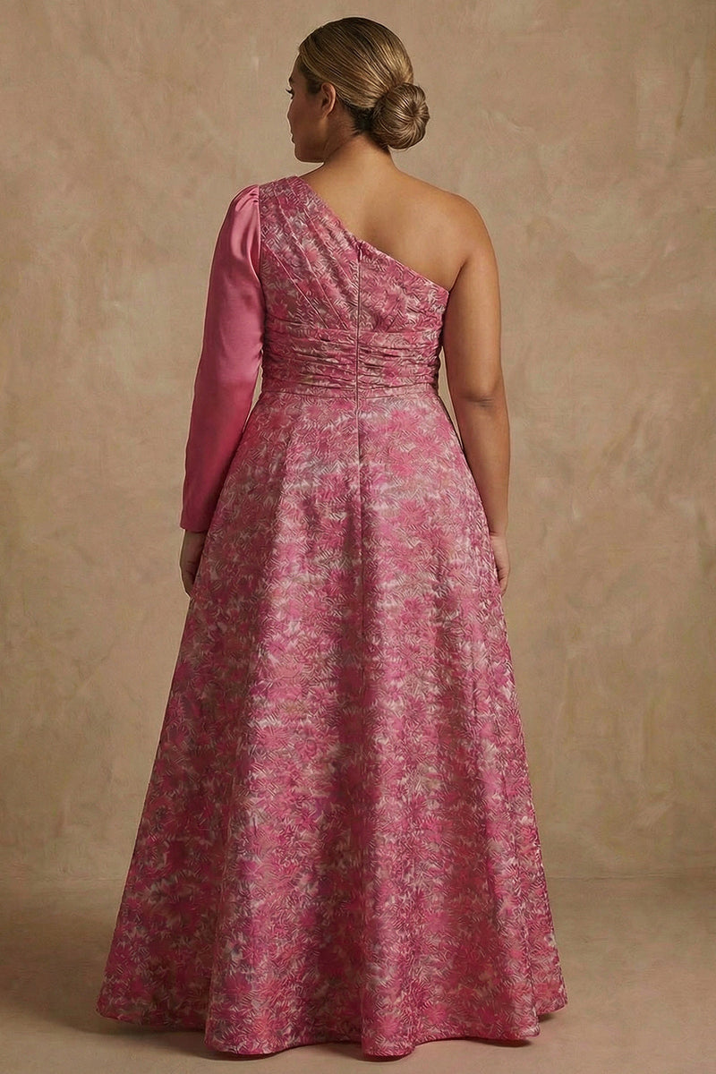 Load image into Gallery viewer, Plus Size Floral Fuchsia One Shoulder A Line Long Mother of the Bride Dress with Sleeves