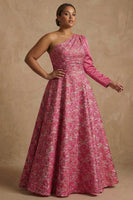 Load image into Gallery viewer, Plus Size Floral Fuchsia One Shoulder A Line Long Mother of the Bride Dress with Sleeves