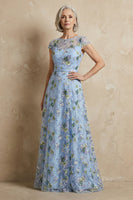 Load image into Gallery viewer, Plus Size Blue Round Neck Floral A Line Long Appliqued Mother of the Bride Dress