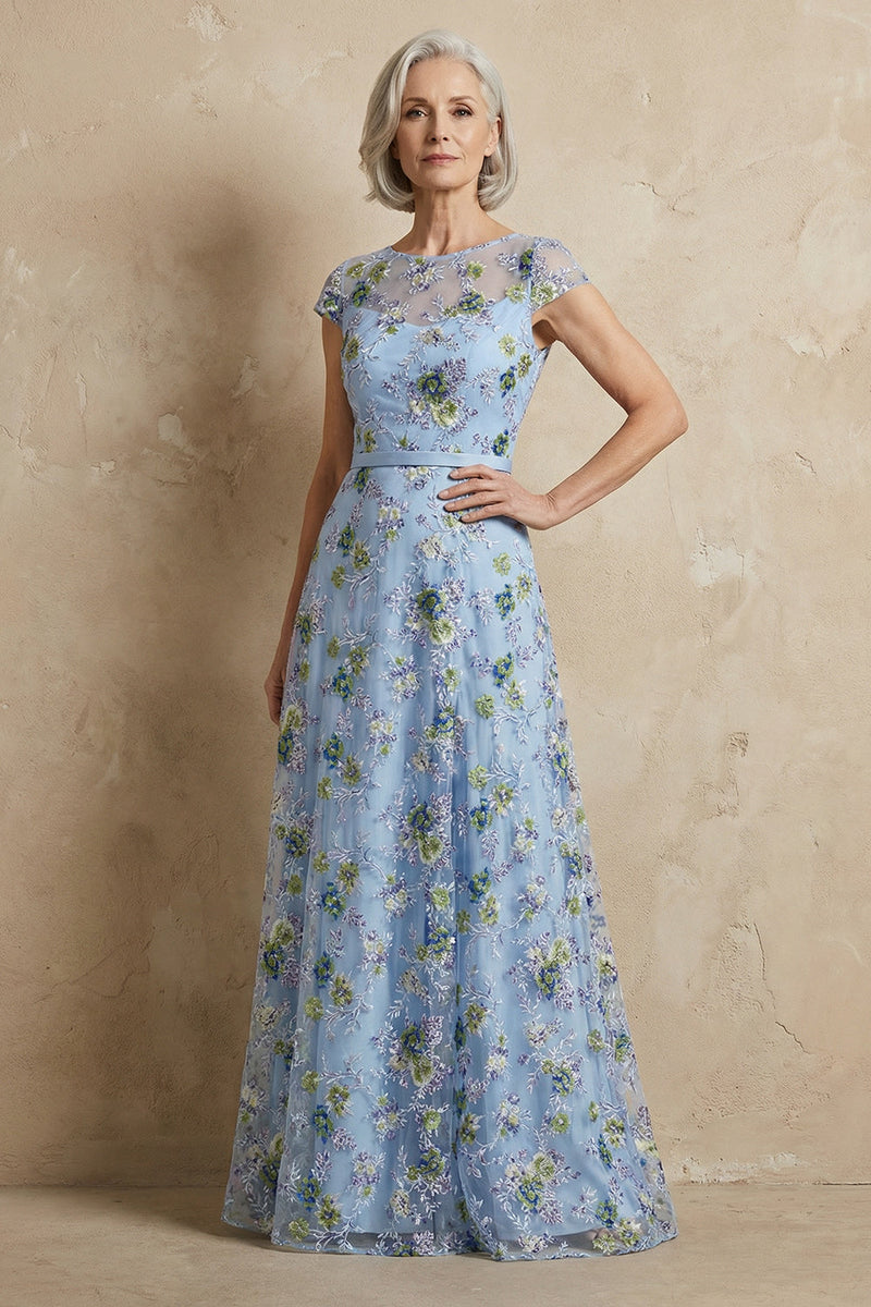 Load image into Gallery viewer, Plus Size Blue Round Neck Floral A Line Long Appliqued Mother of the Bride Dress