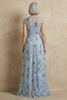 Blue Floral Round Neck A Line Appliqued Long Mother of the Bride Dress