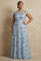 Load image into Gallery viewer, Plus Size Blue Round Neck Floral A Line Long Appliqued Mother of the Bride Dress