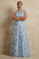 Load image into Gallery viewer, Blue Floral Round Neck A Line Appliqued Long Mother of the Bride Dress