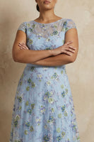 Load image into Gallery viewer, Plus Size Blue Round Neck Floral A Line Long Appliqued Mother of the Bride Dress