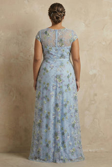 Plus Size Blue Round Neck Floral A Line Long Appliqued Mother of the Bride Dress