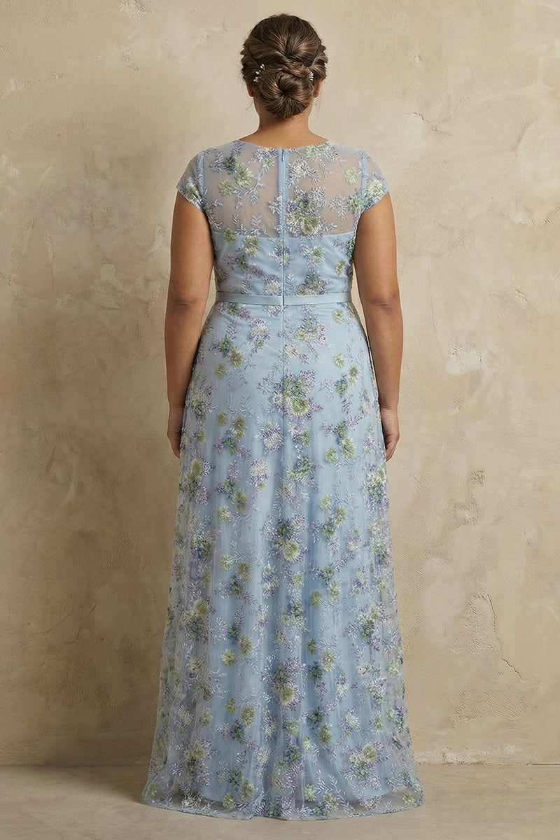 Load image into Gallery viewer, Plus Size Blue Round Neck Floral A Line Long Appliqued Mother of the Bride Dress