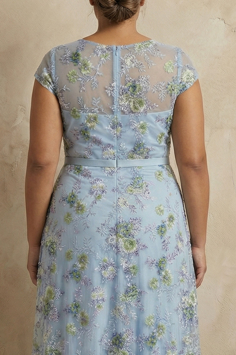 Load image into Gallery viewer, Blue Floral Round Neck A Line Appliqued Long Mother of the Bride Dress