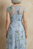 Load image into Gallery viewer, Blue Floral Round Neck A Line Appliqued Long Mother of the Bride Dress