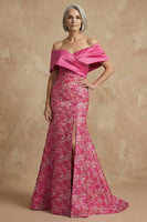 Load image into Gallery viewer, Fuchsia Mermaid Floral Off the Shoulder Long Mother of the Bride Dress with Slit