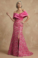 Load image into Gallery viewer, Fuchsia Mermaid Floral Off the Shoulder Long Mother of the Bride Dress with Slit