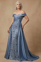 Load image into Gallery viewer, Plus Size Dusty Blue Floral Off the Shoulder Long Appliqued Mother of the Bride Dress