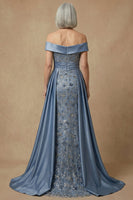 Load image into Gallery viewer, Plus Size Dusty Blue Floral Off the Shoulder Long Appliqued Mother of the Bride Dress