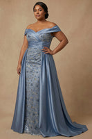 Load image into Gallery viewer, Plus Size Dusty Blue Floral Off the Shoulder Long Appliqued Mother of the Bride Dress