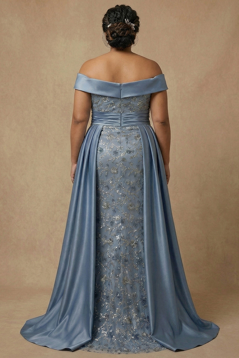 Load image into Gallery viewer, Plus Size Dusty Blue Floral Off the Shoulder Long Appliqued Mother of the Bride Dress
