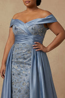 Load image into Gallery viewer, Plus Size Dusty Blue Floral Off the Shoulder Long Appliqued Mother of the Bride Dress