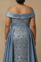 Load image into Gallery viewer, Plus Size Dusty Blue Floral Off the Shoulder Long Appliqued Mother of the Bride Dress