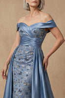 Load image into Gallery viewer, Dusty Blue Floral Appliqued Off the Shoulder Long Mother of the Bride Dress