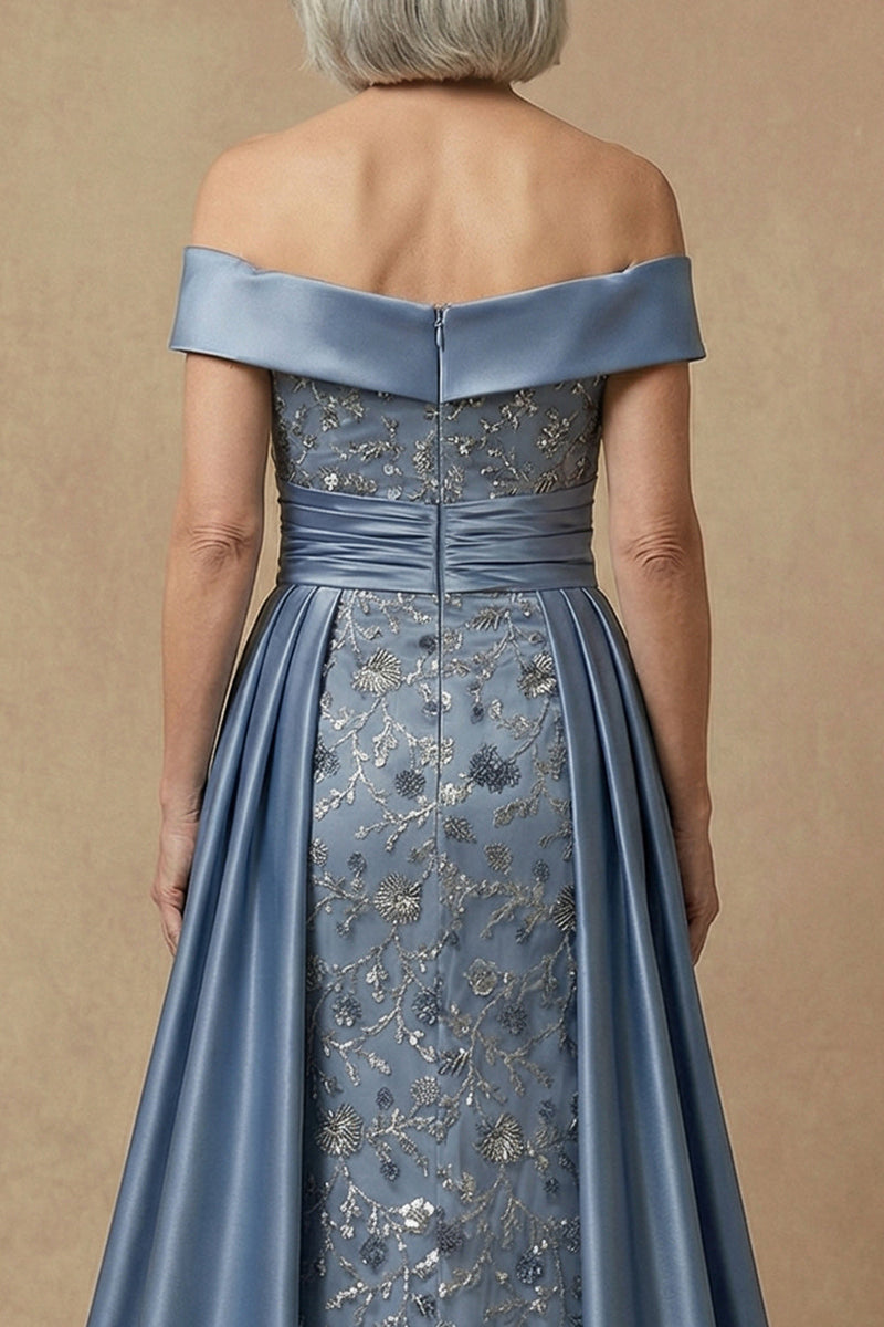 Load image into Gallery viewer, Dusty Blue Floral Appliqued Off the Shoulder Long Mother of the Bride Dress