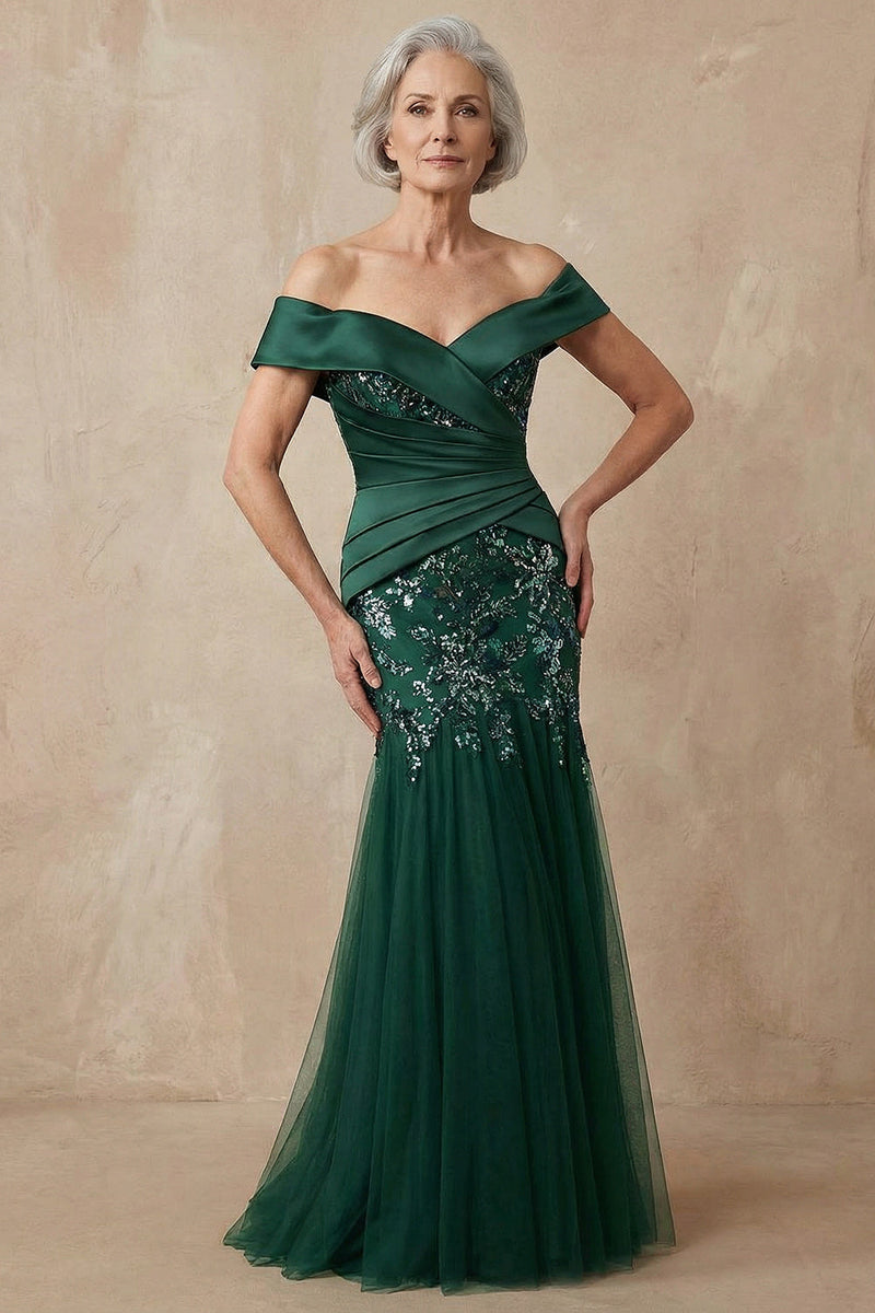 Load image into Gallery viewer, Sparkly Dark Green Floral Mermaid Off the Shoulder Long Mother of the Bride Dress with Appliques