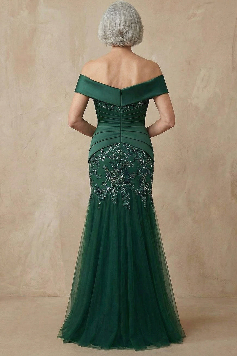 Load image into Gallery viewer, Sparkly Dark Green Floral Mermaid Off the Shoulder Long Mother of the Bride Dress with Appliques