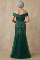 Load image into Gallery viewer, Sparkly Floral Dark Green Plus Size Mermaid Off the Shoulder Long Mother of the Bride Dress with Appliques