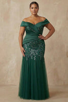 Load image into Gallery viewer, Sparkly Floral Dark Green Plus Size Mermaid Off the Shoulder Long Mother of the Bride Dress with Appliques