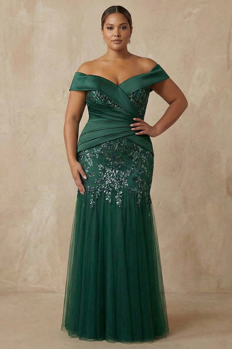 Load image into Gallery viewer, Sparkly Floral Dark Green Plus Size Mermaid Off the Shoulder Long Mother of the Bride Dress with Appliques