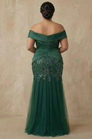 Load image into Gallery viewer, Sparkly Dark Green Floral Mermaid Off the Shoulder Long Mother of the Bride Dress with Appliques