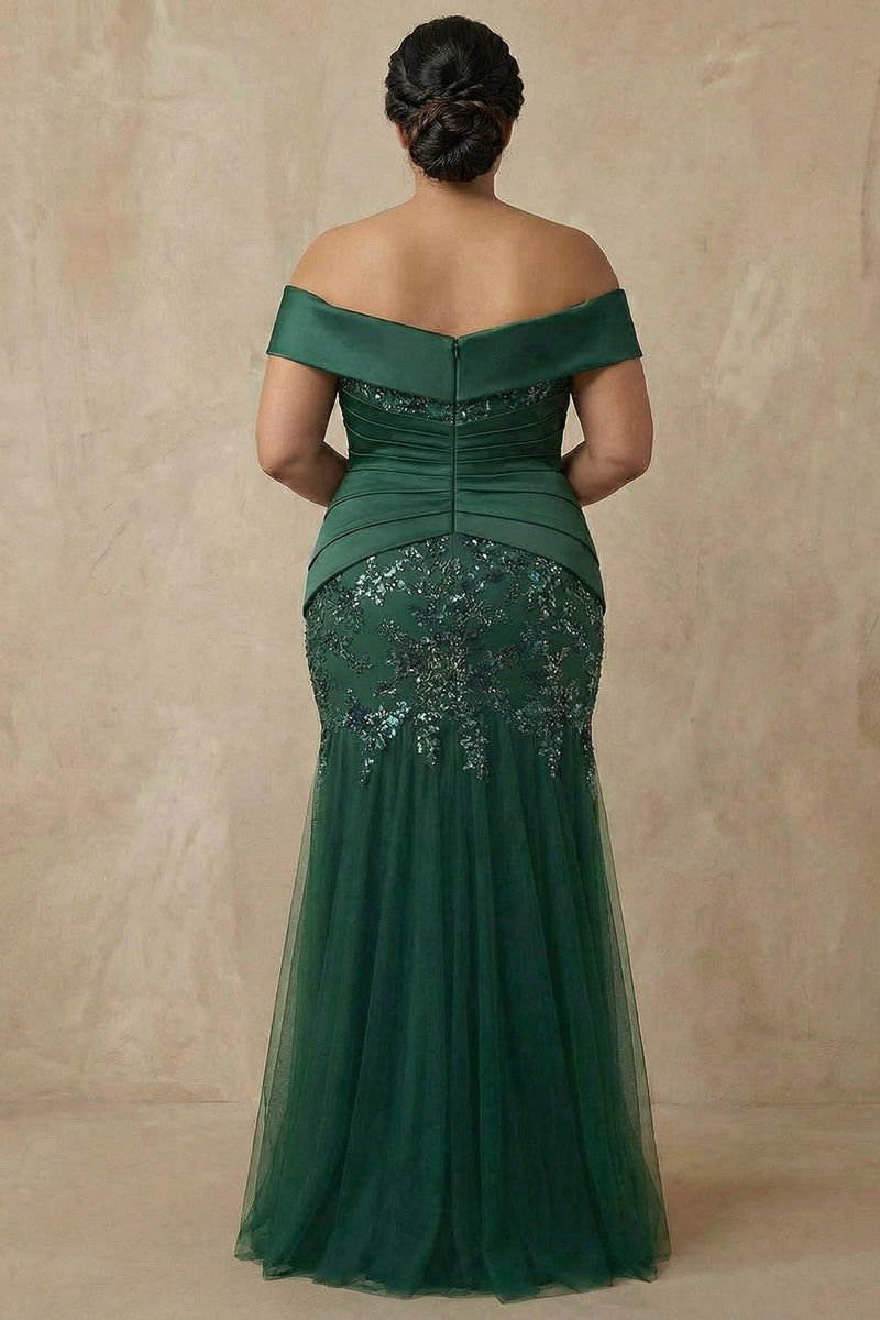 Load image into Gallery viewer, Sparkly Dark Green Floral Mermaid Off the Shoulder Long Mother of the Bride Dress with Appliques