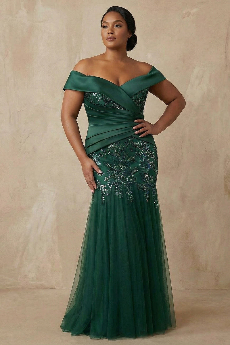 Load image into Gallery viewer, Sparkly Floral Dark Green Plus Size Mermaid Off the Shoulder Long Mother of the Bride Dress with Appliques