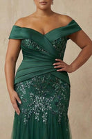 Load image into Gallery viewer, Sparkly Floral Dark Green Plus Size Mermaid Off the Shoulder Long Mother of the Bride Dress with Appliques